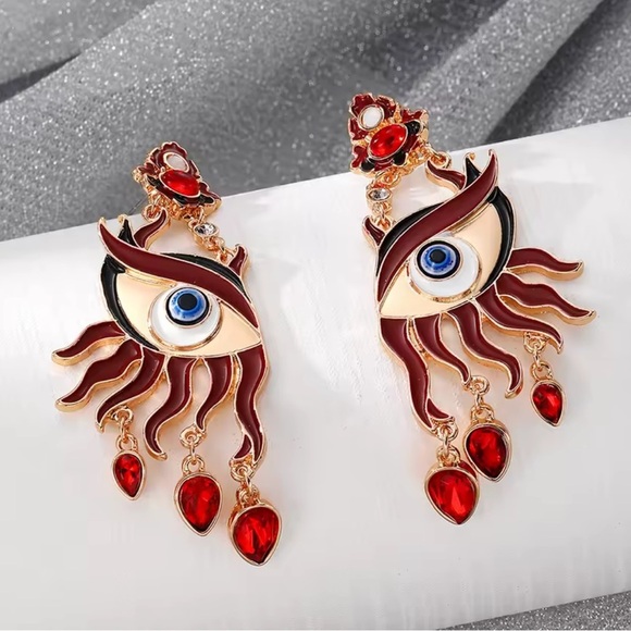 Surreal Evil Eye Art Earrings — Red & Gold Statement Drops - Picture 3 of 6